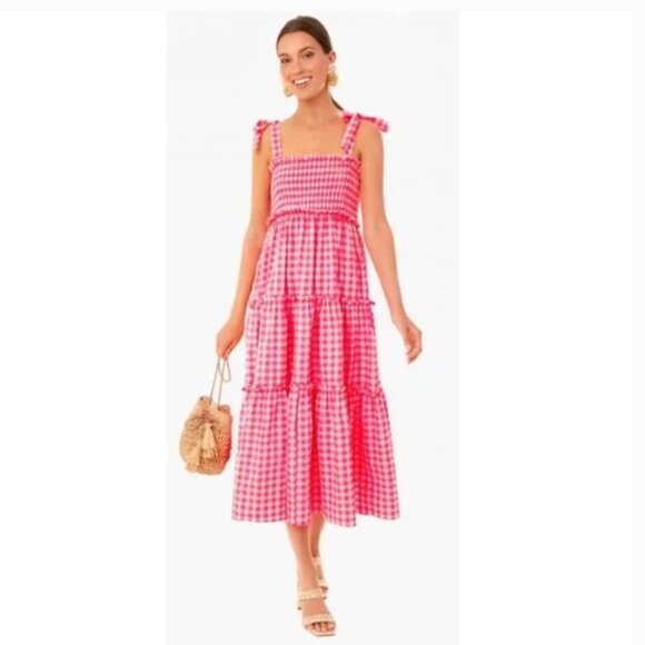 Pomander Place Tuckernuck Tiered Nellie Dress Electric Pink Gingham Plaid Large - Picture 1 of 16
